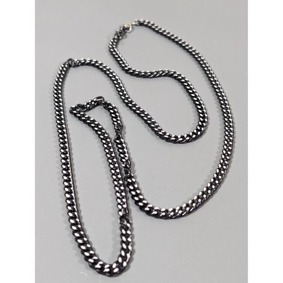 Vintage Black Metallic Silver Tone Curb Cuban Chain Link Necklace Long 38" - Picture 2 of 8
